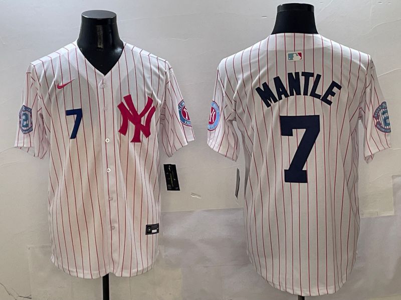 Men New York Yankees #7 Mantle White Stripe Jointly Name Nike 2025 MLB Jersey style 3